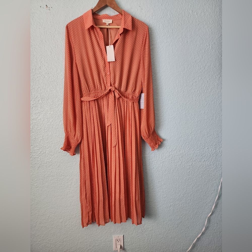 MELLODAY Orange Pleated Tie Front Dress New With Tags - Picture 2 of 11